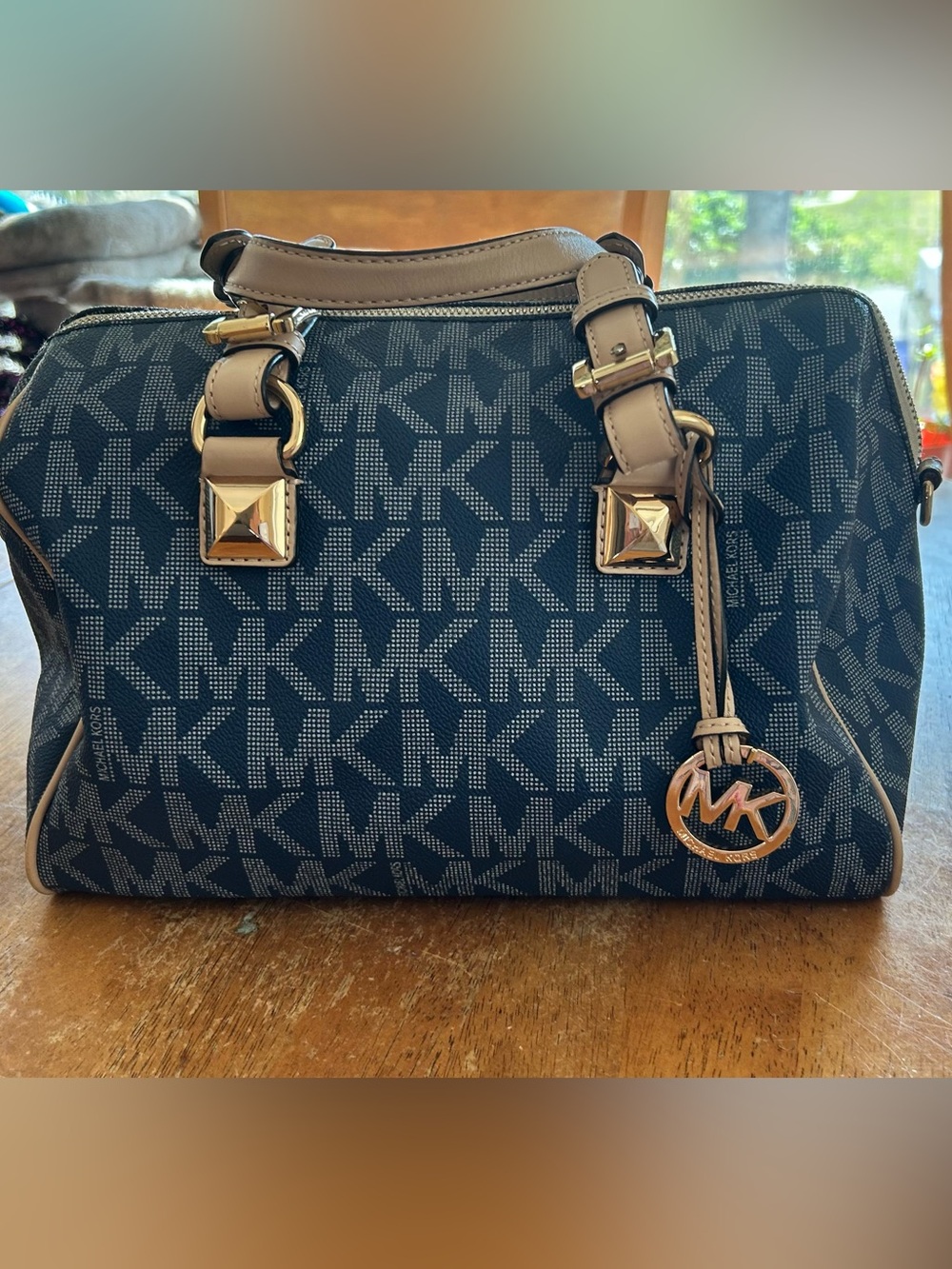 MICHAEL KORS Blue Grayson Medium Signature Logo Satchel